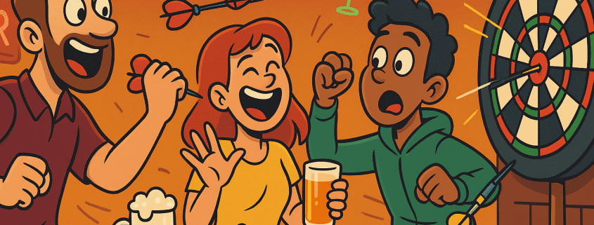A funny modern-cartoon scene of three friends playing darts in a lively pub. One throws a dart with excitement, another laughs with a drink in hand, and a third reacts in surprise as darts fly around the dartboard. A beer mug, snack bowl, and neon signs add to the playful atmosphere. “FunAttic. Since 1998.” appears in the bottom-right corner.