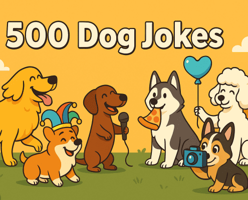 Horizontal banner for “500 Dog Jokes” with centered title. Six cartoon dogs in a park: retriever, corgi in jester hat, dachshund with mic, husky with pizza slice, poodle with heart balloon, and puppy with camera. Warm yellow sky. FunAttic. Since 1998. in bottom right.