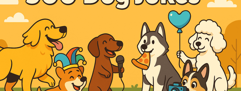Horizontal banner for “500 Dog Jokes” with centered title. Six cartoon dogs in a park: retriever, corgi in jester hat, dachshund with mic, husky with pizza slice, poodle with heart balloon, and puppy with camera. Warm yellow sky. FunAttic. Since 1998. in bottom right.
