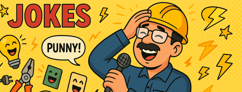 A colorful, comic-style horizontal banner featuring the bold red title “500 ELECTRICIAN JOKES” on a bright yellow background. A smiling cartoon electrician wearing a yellow hard hat and glasses laughs while holding a microphone. Around him are cheerful elements like smiling light bulbs, electrical plugs, pliers, lightning bolts, and speech bubbles saying “PUNNY!”. The FunAttic logo with “Since 1998.” appears neatly in the bottom right corner.
