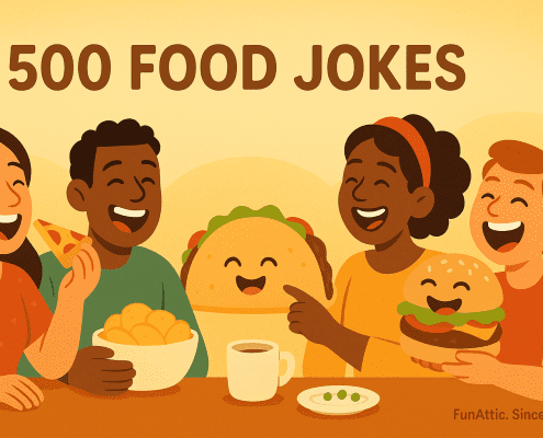 A colorful horizontal illustration showing a joyful group of diverse people laughing and sharing food at a table. A smiling taco and a cheerful burger join the fun. The scene has warm yellow and red tones with soft gradients, capturing a cozy, playful atmosphere. The text “500 Food Jokes” appears at the top, and “FunAttic. Since 1998.” is written in the bottom right corner.