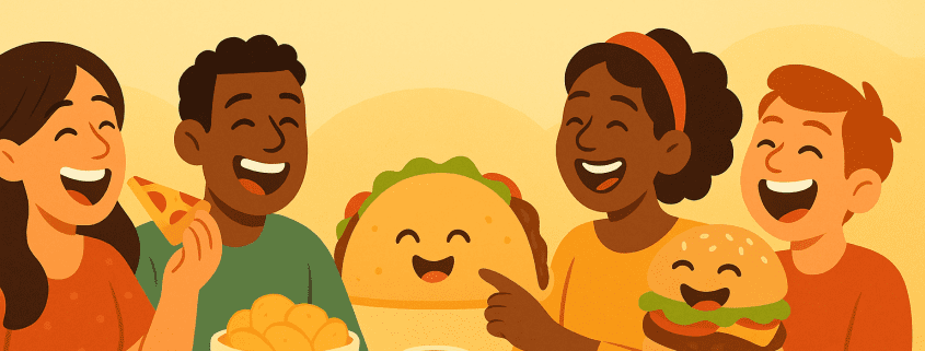 A colorful horizontal illustration showing a joyful group of diverse people laughing and sharing food at a table. A smiling taco and a cheerful burger join the fun. The scene has warm yellow and red tones with soft gradients, capturing a cozy, playful atmosphere. The text “500 Food Jokes” appears at the top, and “FunAttic. Since 1998.” is written in the bottom right corner.
