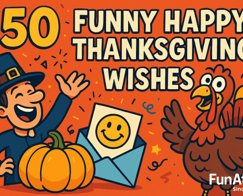 A bright, playful Thanksgiving illustration featuring a smiling Pilgrim character, a cheerful turkey, a pumpkin, and an envelope with a smiley face. Bold text reads “150 Funny Happy Thanksgiving Wishes” on an orange background with confetti accents. “FunAttic. Since 1998” appears in the bottom right corner.