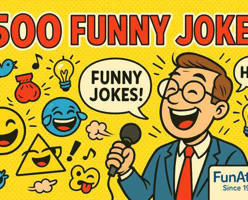 A bright, comic-style horizontal banner with the bold red title “500 FUNNY JOKES” across the top. A cheerful cartoon comedian in glasses and a blue suit holds a microphone, laughing as colorful emojis, light bulbs, and playful icons like a rubber chicken, music notes, and speech bubbles surround him. The background is yellow with a halftone texture, and the FunAttic logo with “Since 1998.” appears in the bottom right corner.