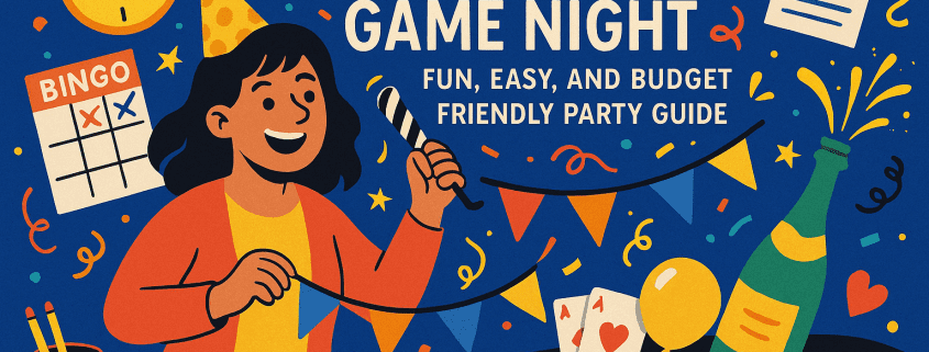 A vibrant, playful New Year’s Eve illustration featuring a smiling woman in a party hat setting up colorful bunting for a DIY game night. Festive icons surround her, including a clock nearing midnight, a bingo card, dice, playing cards, balloons, confetti, pencils, and a champagne bottle. Bold text reads “How to Host a DIY New Year’s Eve Game Night: Fun, Easy, and Budget Friendly Party Guide.” The FunAttic logo with “Since 1998” appears in the bottom right corner. The overall style is whimsical, bright, and celebratory.