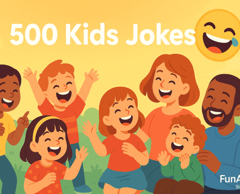 A bright, cheerful illustration shows a diverse group of children and adults laughing together outdoors. The scene has a warm yellow background with soft gradients and simple greenery. The characters are drawn in a clean, modern cartoon style with expressive faces and playful poses. A large laughing emoji appears near the top right, and the words “500 Kids Jokes” are centered at the top. In the bottom right corner, small text reads “FunAttic. Since 1998.”