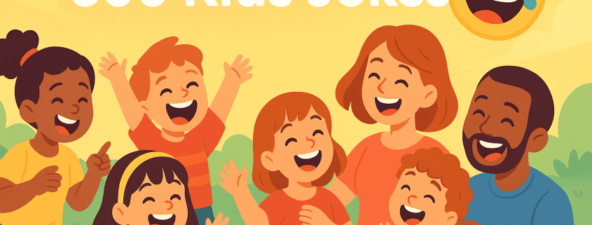 A bright, cheerful illustration shows a diverse group of children and adults laughing together outdoors. The scene has a warm yellow background with soft gradients and simple greenery. The characters are drawn in a clean, modern cartoon style with expressive faces and playful poses. A large laughing emoji appears near the top right, and the words “500 Kids Jokes” are centered at the top. In the bottom right corner, small text reads “FunAttic. Since 1998.”