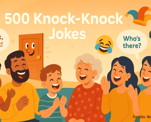 A warm, cheerful cartoon illustration of a diverse group of people—kids and adults—sitting together in a cozy room, laughing at a knock-knock joke. A friendly door with a smiling face peeks open behind them. Speech bubbles say “Knock, knock!” and “Who’s there?”. A jester hat, laughing emoji, and microphone float playfully around. The top center is clear with the title “500 Knock-Knock Jokes,” and the bottom right reads “FunAttic. Since 1998.”