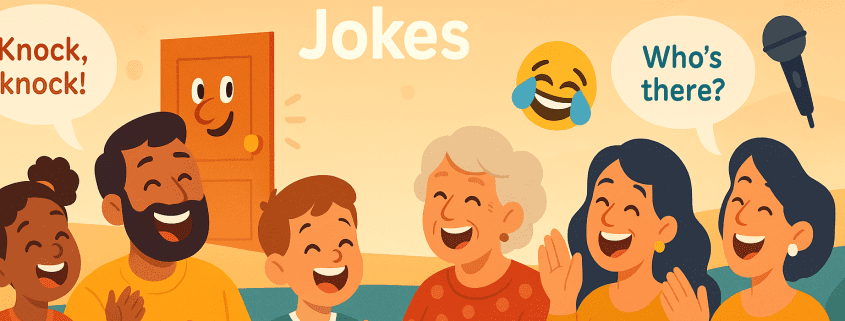 A warm, cheerful cartoon illustration of a diverse group of people—kids and adults—sitting together in a cozy room, laughing at a knock-knock joke. A friendly door with a smiling face peeks open behind them. Speech bubbles say “Knock, knock!” and “Who’s there?”. A jester hat, laughing emoji, and microphone float playfully around. The top center is clear with the title “500 Knock-Knock Jokes,” and the bottom right reads “FunAttic. Since 1998.”