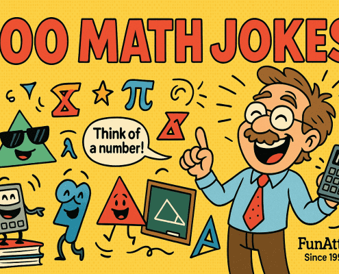 A bright, comic-style banner showing a smiling mathematician in glasses and a red tie holding a calculator that says “HA!”. The bold red title “500 Math Jokes” appears clearly at the top against a yellow halftone background. Around the mathematician are cheerful cartoon math symbols and characters, including π, ∞, triangles, and a laughing number 8. A speech bubble reads “Think of a number!”, and the FunAttic logo with “Since 1998.” appears in the lower right corner.