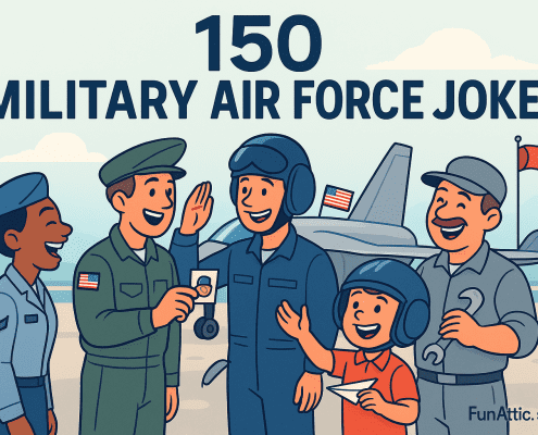 Cartoon Air Force crew and family laughing near a jet with “150 Military Air Force Jokes” title and FunAttic logo.