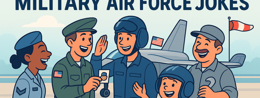 Cartoon Air Force crew and family laughing near a jet with “150 Military Air Force Jokes” title and FunAttic logo.