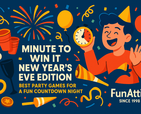 A vibrant, playful New Year’s Eve illustration featuring a smiling character in a yellow party hat holding a red-and-yellow stopwatch, surrounded by colorful confetti, balloons, streamers, and fireworks on a dark blue background. Party props such as stacked cups, a plastic champagne flute, rings, and noisemakers decorate the scene. Bold central text reads: “Minute to Win It New Year’s Eve Edition – Best Party Games for a Fun Countdown Night.” The FunAttic logo with “Since 1998” appears in white at the bottom right corner.