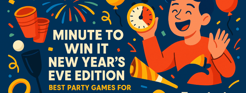 A vibrant, playful New Year’s Eve illustration featuring a smiling character in a yellow party hat holding a red-and-yellow stopwatch, surrounded by colorful confetti, balloons, streamers, and fireworks on a dark blue background. Party props such as stacked cups, a plastic champagne flute, rings, and noisemakers decorate the scene. Bold central text reads: “Minute to Win It New Year’s Eve Edition – Best Party Games for a Fun Countdown Night.” The FunAttic logo with “Since 1998” appears in white at the bottom right corner.