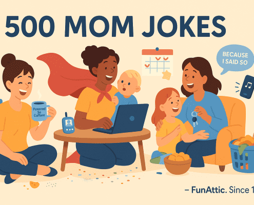 A colorful, cartoon-style illustration showing three cheerful moms in a cozy, messy living room. One mom wears a red superhero cape while working on a laptop beside her child. Another mom sits with a coffee mug labeled “Powered by Coffee,” smiling amid scattered toys. A third mom laughs with her daughter on an armchair. A baby monitor, laundry basket, and speech bubble reading “Because I said so” add playful touches. The scene captures humor and chaos in motherhood. Text at the bottom reads “FunAttic. Since 1998.”