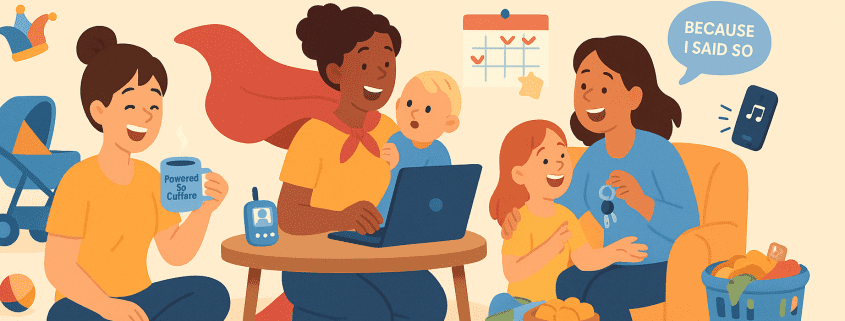 A colorful, cartoon-style illustration showing three cheerful moms in a cozy, messy living room. One mom wears a red superhero cape while working on a laptop beside her child. Another mom sits with a coffee mug labeled “Powered by Coffee,” smiling amid scattered toys. A third mom laughs with her daughter on an armchair. A baby monitor, laundry basket, and speech bubble reading “Because I said so” add playful touches. The scene captures humor and chaos in motherhood. Text at the bottom reads “FunAttic. Since 1998.”