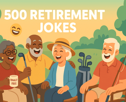 ChatGPT said:A warm, cheerful illustration of four retirees laughing together in a sunny park. One woman holds a coffee mug labeled “Finally Free,” another man has a walking cane, and beside them are a fishing rod and a golf bag. The background shows soft green hills, trees, and a hammock under a golden sky with a cartoon laughing emoji. The text “500 Retirement Jokes” appears above them, and “FunAttic. Since 1998.” is written in the bottom right corner.