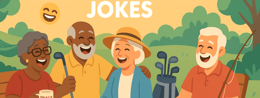 ChatGPT said:A warm, cheerful illustration of four retirees laughing together in a sunny park. One woman holds a coffee mug labeled “Finally Free,” another man has a walking cane, and beside them are a fishing rod and a golf bag. The background shows soft green hills, trees, and a hammock under a golden sky with a cartoon laughing emoji. The text “500 Retirement Jokes” appears above them, and “FunAttic. Since 1998.” is written in the bottom right corner.