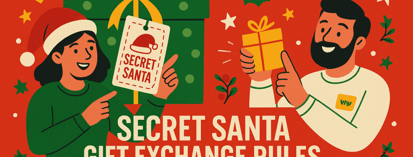A vibrant, whimsical Secret Santa illustration featuring two cheerful characters exchanging gifts in front of a large green present with a big yellow bow and a “Secret Santa” tag. The festive red background is filled with holiday icons such as stars, holly, ornaments, tags, and wrapped gifts. Bold text reads “Secret Santa Gift Exchange Rules – For a Fun and Meaningful Holiday Celebration,” with the FunAttic. Since 1998 logo in the bottom right corner.