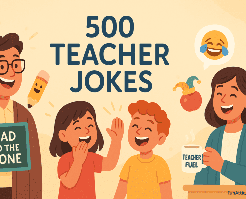 A cheerful digital illustration of a classroom scene promoting “500 Teacher Jokes.” Two teachers and two students laugh together. One teacher holds a sign reading “Bad to the Bone,” while the other holds a coffee mug labeled “Teacher Fuel.” A smiling pencil character and an apple with a jester hat add playful touches. A laughing emoji floats above them. The background is warm yellow with soft gradients, and the words “FunAttic. Since 1998.” appear in the bottom right corner.