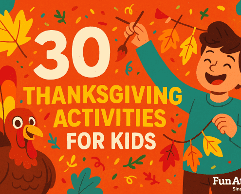 A cheerful Thanksgiving illustration with a smiling child holding a leaf garland and a colorful turkey on an orange background decorated with fall leaves and confetti. The large text reads “30 Thanksgiving Activities for Kids,” with “FunAttic. Since 1998” in the bottom right corner.