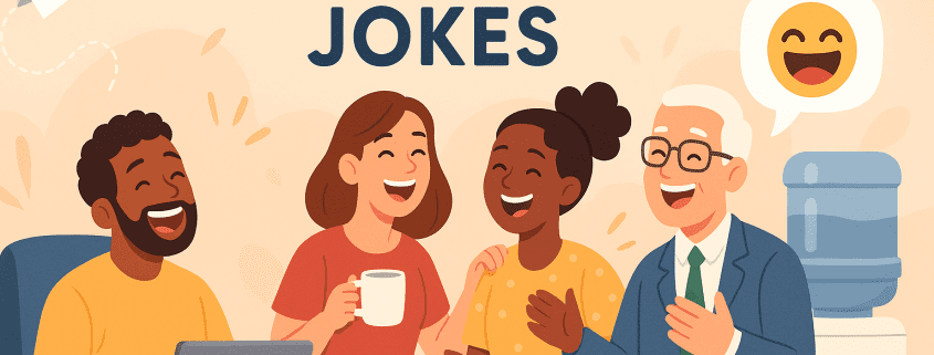 A cheerful flat-style illustration of four diverse coworkers laughing together in an office. One person sits at a desk with a laptop and smiling coffee mugs, while the others stand nearby chatting and smiling. A paper airplane flies across the top left, and a laughing emoji speech bubble appears near the group. A water cooler stands on the right with the text “FunAttic. Since 1998.” at the bottom corner. The title “500 Workplace Jokes” appears in large bold text at the top.