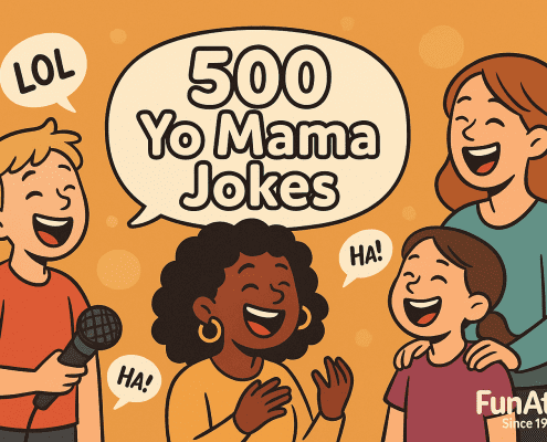 ChatGPT said:A bright, funny cartoon banner shows four people laughing together around the text “500 Yo Mama Jokes.” One person holds a microphone while the others laugh with speech bubbles saying “LOL” and “HA!” The background is orange with soft circular accents, and the FunAttic logo appears in the bottom right corner.