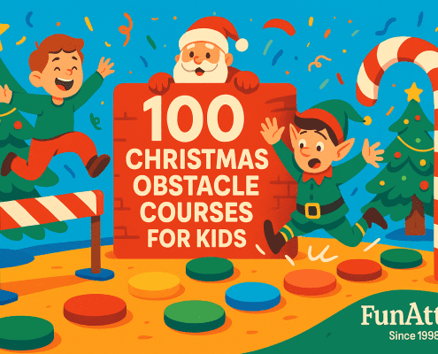 ChatGPT said: Whimsical, colorful Christmas illustration of kids and an elf running a festive obstacle course—jumping a striped hurdle and stepping on round pads—while Santa peeks over a sign reading “100 Christmas Obstacle Courses for Kids,” with decorated trees, confetti, a candy-cane arch, and “FunAttic. Since 1998” in the bottom right.