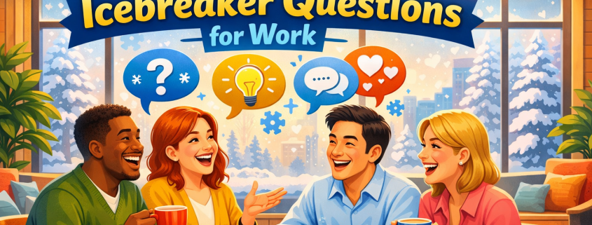 Bright, FunAttic-style illustration of a diverse group of coworkers laughing together around a table with coffee mugs in a cozy, modern office lounge. Large windows show soft winter light and falling snow outside, contrasting with the warm interior. Playful speech bubbles with question marks, lightbulbs, and snowflake conversation icons float above the group. The title “100 January Icebreaker Questions for Work” appears prominently at the top, with subtle branding text “FunAttic. Since 1998” in the bottom-right corner.