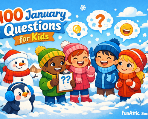 Playful winter illustration for kids showing a diverse group of smiling children in colorful winter clothes chatting in the snow. One child holds a clipboard with question marks while another raises a hand excitedly. A friendly snowman peeks in nearby and a penguin wearing earmuffs sits in the foreground. Snowflake-shaped speech bubbles float above them under a bright blue January sky with soft clouds and pastel trees. The title “100 January Questions for Kids” appears as a cheerful banner near the top, with subtle branding text “FunAttic. Since 1998” in the bottom-right corner.