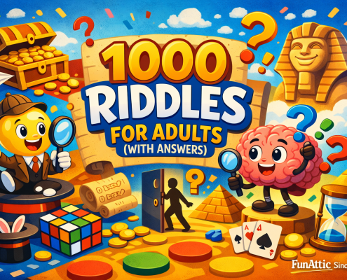 Colorful, playful illustration for a blog header showing the title ‘1000 Riddles for Adults (With Answers)’ centered on a parchment-style sign, surrounded by whimsical puzzle-themed characters and objects like a detective lightbulb, a smiling brain with question marks, a treasure chest, sphinx, Rubik’s cube, cards, and coins, with bright festive colors and ‘FunAttic. Since 1998’ in the bottom-right corner.