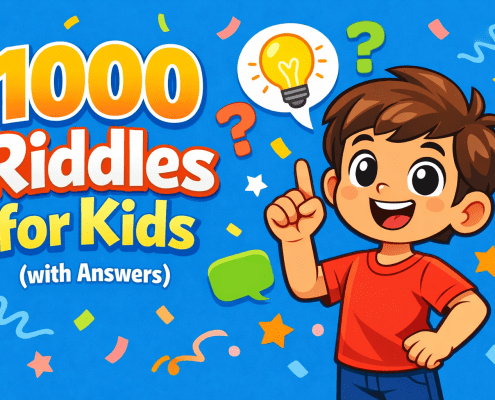 Colorful flat vector illustration for a kids article titled “1000 Riddles for Kids (with Answers)”. On the left, large bold stacked text reads “1000 Riddles for Kids (with Answers)”. On the right, a smiling cartoon child mascot with an oversized head raises one finger as if sharing an idea. The blue background features playful abstract decorations like question marks, stars, confetti shapes, speech bubbles, and a lightbulb icon.