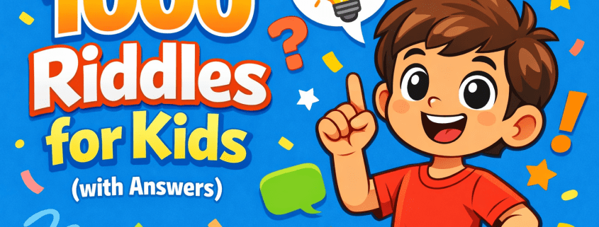 Colorful flat vector illustration for a kids article titled “1000 Riddles for Kids (with Answers)”. On the left, large bold stacked text reads “1000 Riddles for Kids (with Answers)”. On the right, a smiling cartoon child mascot with an oversized head raises one finger as if sharing an idea. The blue background features playful abstract decorations like question marks, stars, confetti shapes, speech bubbles, and a lightbulb icon.