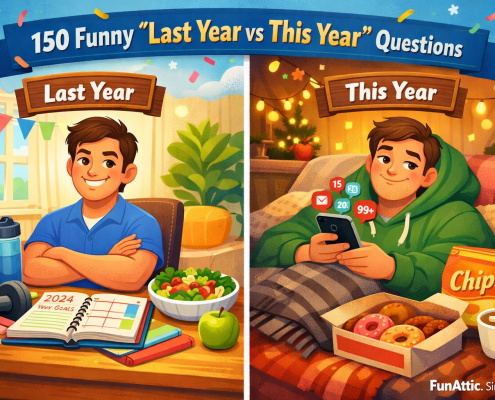 Bright, playful 16:9 illustration in a FunAttic-inspired style showing a side-by-side ‘Last Year vs This Year’ comparison. On the left, ‘Last Year’ features an optimistic character standing confidently among neat planners, gym gear, and fresh salads. On the right, ‘This Year’ shows the same character relaxed in a hoodie, smiling slightly while surrounded by snacks and a phone full of notifications. The scene uses cheerful colors, clean lighting, and festive background accents. The title ‘150 Funny “Last Year vs This Year” Questions’ is integrated into the artwork, with subtle branding text ‘FunAttic. Since 1998’ in the bottom-right corner.