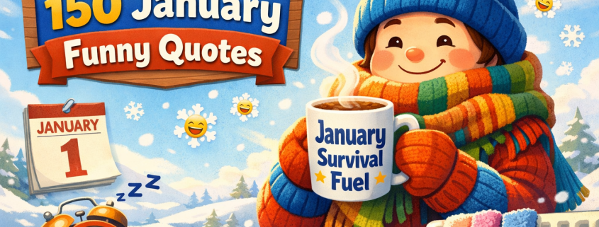Illustrated winter blog header showing a cheerful, bundled character holding a steaming mug labeled “January Survival Fuel,” smiling against a bright snowy sky. Playful snowflakes shaped like laughing emojis float around, with a flipped January calendar page, a sleepy alarm clock, and fluffy socks drying near a radiator. A wooden banner displays the title “150 January Funny Quotes,” with subtle branding text “FunAttic. Since 1998” in the bottom-right corner.