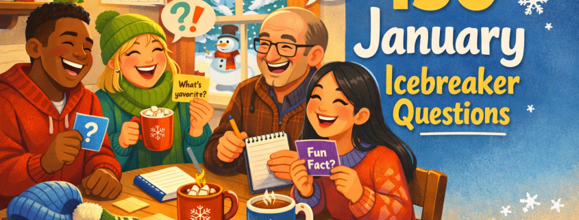 Illustrated blog header in a bright, playful FunAttic style showing a diverse group of people gathered indoors around a cozy table in January, laughing and chatting while holding icebreaker question cards, notepads, and mugs of hot cocoa. Winter accessories rest nearby, a calendar flipped to January hangs on the wall, and quirky speech bubbles with question marks add light visual humor. The article title “150 January Icebreaker Questions” appears prominently within the scene, with subtle branding text “FunAttic. Since 1998” in the bottom-right corner.
