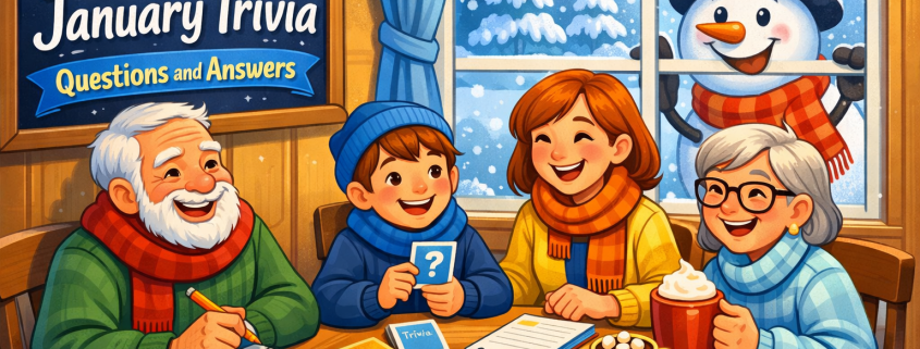 Illustrated winter trivia night scene showing a cheerful group of mixed ages gathered around a table with trivia cards, notebooks, pencils, and mugs of hot cocoa inside a cozy room. Snow falls outside a frosty window where a smiling snowman peeks in playfully. Warm indoor lighting contrasts with cool blue winter tones. A chalkboard-style sign reads “150 January Trivia Questions and Answers,” with subtle branding text “FunAttic. Since 1998” in the corner.