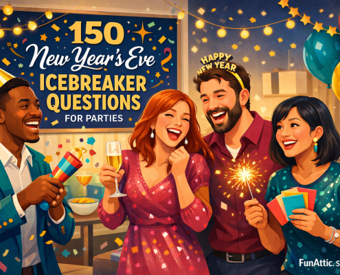 Illustrated New Year’s Eve party in a cozy modern living room. Four diverse adults laugh and chat while holding drinks, a confetti popper, a sparkler, and colorful question cards, suggesting icebreaker questions. Festive decor with balloons, string lights, and confetti in gold, teal, midnight blue, and warm pinks fills the scene. A stylish wall poster reads “150 New Year’s Eve Icebreaker Questions for Parties,” with subtle branding “FunAttic. Since 1998” in the bottom-right corner.