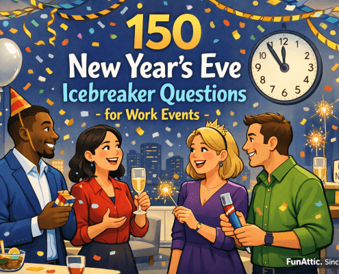 Illustrated blog header showing a joyful New Year’s Eve office celebration. A diverse group of coworkers chat and smile in a modern office lounge, holding party poppers, drinks, and sparklers as confetti floats around them. Balloons and streamers decorate the space, and a wall clock nears midnight. The title “150 New Year’s Eve Icebreaker Questions for Work Events” appears prominently within the scene, with subtle branding text “FunAttic. Since 1998” in the bottom-right corner.