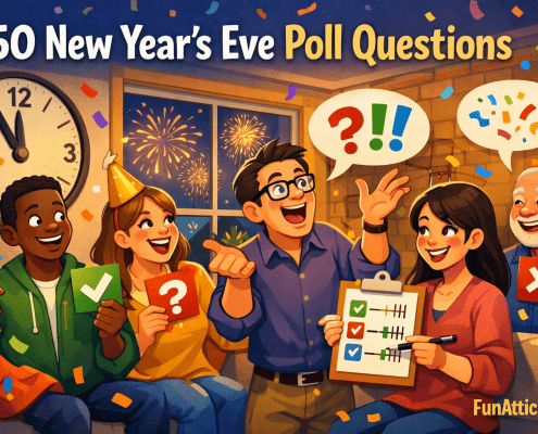 Illustrated New Year’s Eve scene in a cozy modern living room where a diverse group of smiling friends and family celebrate with party poppers, poll cards, and speech bubbles showing checkmarks, question marks, and confetti. One person gestures dramatically while another tallies votes on a clipboard. A large wall clock reads just before midnight, fireworks glow through a window, and warm festive colors fill the room. The title “150 New Year’s Eve Poll Questions” appears at the top, with subtle branding “FunAttic. Since 1998” in the bottom-right corner.
