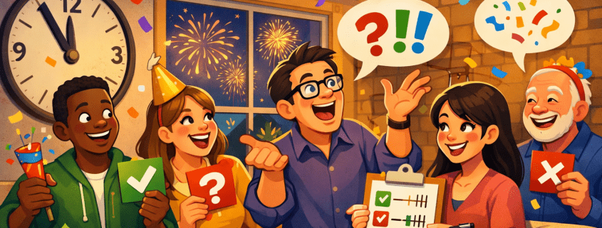 Illustrated New Year’s Eve scene in a cozy modern living room where a diverse group of smiling friends and family celebrate with party poppers, poll cards, and speech bubbles showing checkmarks, question marks, and confetti. One person gestures dramatically while another tallies votes on a clipboard. A large wall clock reads just before midnight, fireworks glow through a window, and warm festive colors fill the room. The title “150 New Year’s Eve Poll Questions” appears at the top, with subtle branding “FunAttic. Since 1998” in the bottom-right corner.