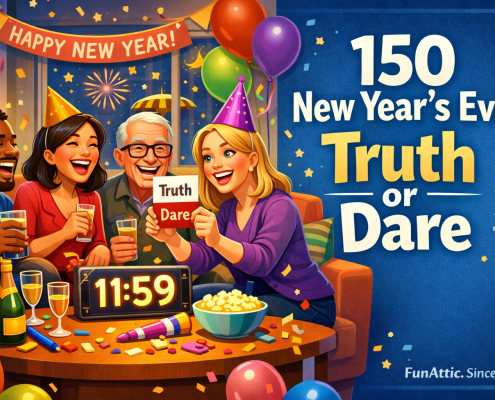 Playful, polished illustration of a cozy New Year’s Eve living room party just before midnight. A diverse group of adults laugh around a coffee table with confetti, balloons, party hats, and drinks. A glowing countdown clock reads 11:59 while one person holds a ‘Truth / Dare’ card as the focal point. Bright festive colors, clean lighting, and balanced composition with space for text create a joyful, celebratory mood. The title ‘150 New Year’s Eve Truth or Dare’ appears as part of the scene, with subtle branding ‘FunAttic. Since 1998’ in the corner.