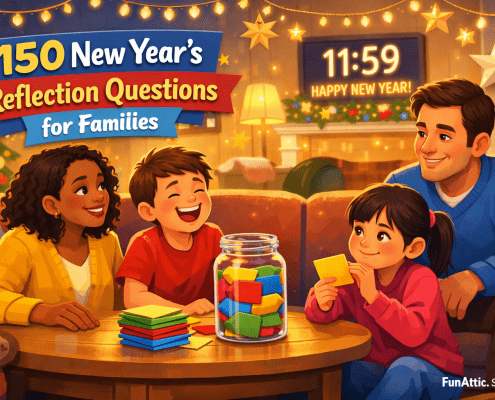 Illustration of a cozy family living room on New Year’s Eve, where diverse parents and children sit together smiling and talking around a coffee table with a jar of colorful question cards. One child laughs, another holds a card thoughtfully, and an adult listens warmly. Festive string lights and paper stars decorate the room, a countdown clock reads 11:59, and the title “150 New Year’s Reflection Questions for Families” appears prominently, with subtle “FunAttic. Since 1998” branding in the corner.