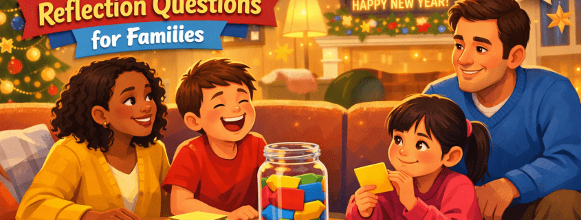 Illustration of a cozy family living room on New Year’s Eve, where diverse parents and children sit together smiling and talking around a coffee table with a jar of colorful question cards. One child laughs, another holds a card thoughtfully, and an adult listens warmly. Festive string lights and paper stars decorate the room, a countdown clock reads 11:59, and the title “150 New Year’s Reflection Questions for Families” appears prominently, with subtle “FunAttic. Since 1998” branding in the corner.