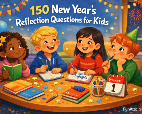 Illustrated blog header showing four diverse kids sitting around a low table, smiling and writing in colorful notebooks as they reflect on the year. Pencils, star stickers, confetti, and a small calendar add New Year details, while balloons, streamers, and fireworks glow through a window behind them. The title “150 New Year’s Reflection Questions for Kids” appears at the top, with subtle branding “FunAttic. Since 1998” in the bottom-right.