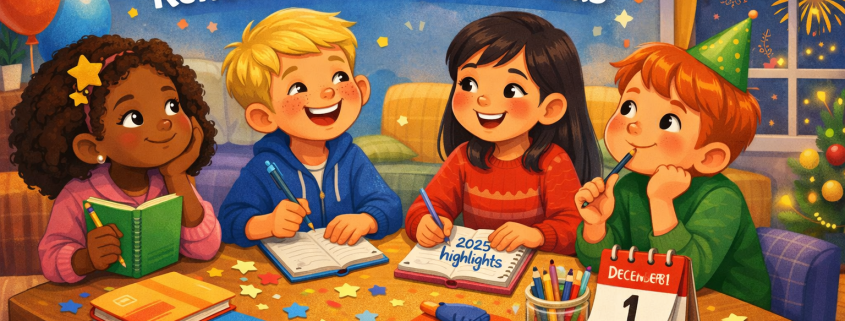 Illustrated blog header showing four diverse kids sitting around a low table, smiling and writing in colorful notebooks as they reflect on the year. Pencils, star stickers, confetti, and a small calendar add New Year details, while balloons, streamers, and fireworks glow through a window behind them. The title “150 New Year’s Reflection Questions for Kids” appears at the top, with subtle branding “FunAttic. Since 1998” in the bottom-right.