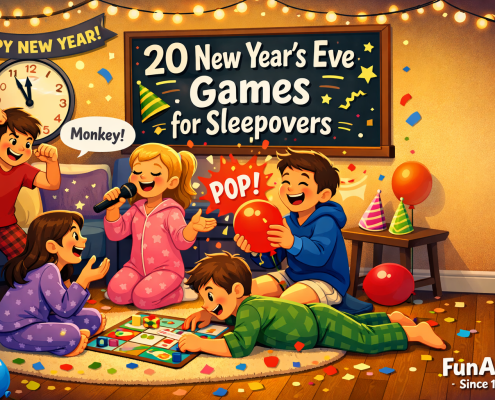 Playful, polished illustration of a cozy New Year’s Eve sleepover in a warmly lit living room. Kids and teens in pajamas enjoy charades, karaoke with a toy microphone, a board game on the floor, and popping a balloon while laughing. Festive string lights, confetti, balloons, party hats, and a countdown clock nearing midnight decorate the scene. A chalkboard-style sign reads ‘20 New Year’s Eve Games for Sleepovers,’ with open negative space on the right and subtle branding text ‘FunAttic. Since 1998’ in the bottom-right corner.