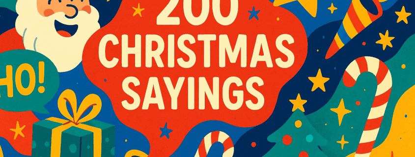 Featured image for ‘200 Christmas Sayings’: a vibrant, whimsical holiday illustration with a smiling Santa on the left, a large red speech-bubble shape in the center reading ‘200 CHRISTMAS SAYINGS’ in bold white letters, surrounded by a happy yellow star, candy canes, a decorated Christmas tree, confetti-like dots and stars, and a wrapped gift; bottom-right branding reads ‘FunAttic. Since 1998’.”
