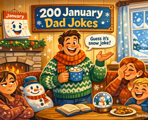 Playful winter illustration of a cozy living room where a cheerful dad in a chunky green sweater and scarf holds a mug of hot cocoa while delivering a dad joke. Family members around him react with eye-rolls, smiles, and laughter on a couch. Snow falls outside frosty windows, a smiling January calendar hangs on the wall, and a snowman-themed pillow adds visual humor. A wall sign reads “200 January Dad Jokes,” and the branding “FunAttic. Since 1998” appears subtly in the bottom-right corner.
