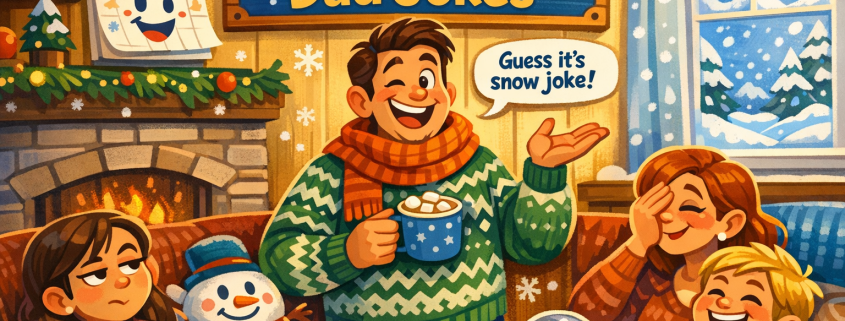 Playful winter illustration of a cozy living room where a cheerful dad in a chunky green sweater and scarf holds a mug of hot cocoa while delivering a dad joke. Family members around him react with eye-rolls, smiles, and laughter on a couch. Snow falls outside frosty windows, a smiling January calendar hangs on the wall, and a snowman-themed pillow adds visual humor. A wall sign reads “200 January Dad Jokes,” and the branding “FunAttic. Since 1998” appears subtly in the bottom-right corner.